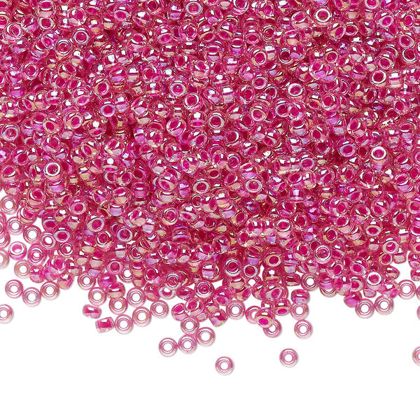 Seed bead, Miyuki, glass, pkg/25g, #11 rocaille, translucent hot pink-lined rainbow crystal clear, (RR-355). image number 0