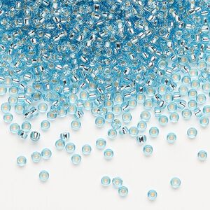 Seed bead, Miyuki, glass, pkg/250g, #11 rocaille, transparent silver-lined aqua blue, (RR-18).