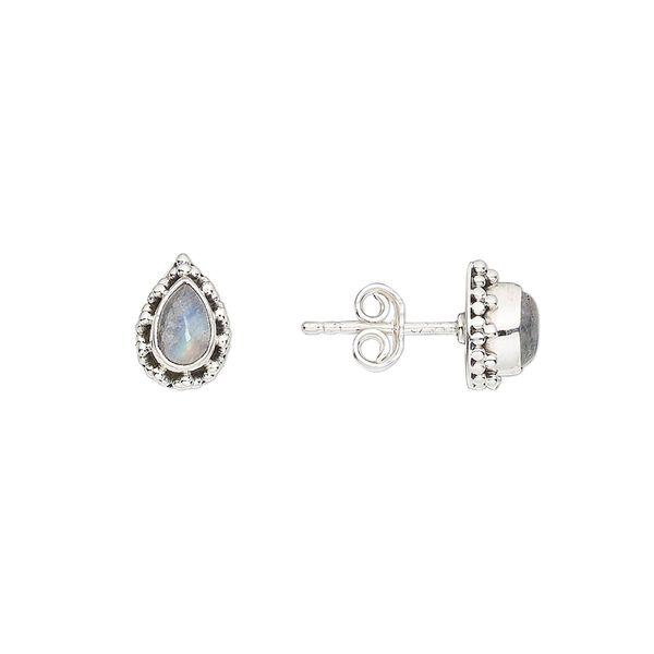 Earstud, rainbow moonstone (natural) and antiqued sterling silver, 9mm with 6x4mm teardrop and post. Sold per pair. image number 0