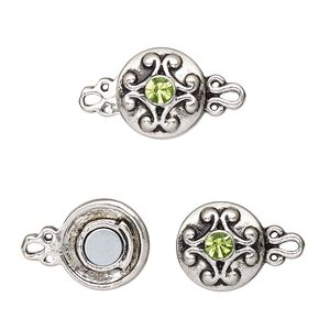 Clasp magnetic 1pkg2 "pewter" (zinc alloy), 12mm double-sided round, antique silver-finished / green rhinestone 1-strand