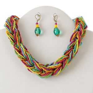 Necklace and earring set, multi-strand, gold-finished steel and brass with glass, multicolored, 18-inch braid with 2-inch extender chain and lobster claw clasp, 2-inch earrings with leverback ear wire. Sold per set.