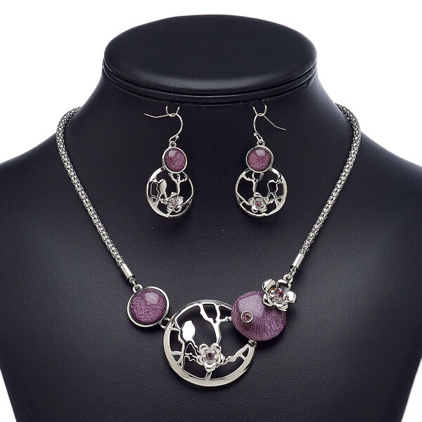 Necklace and earring set, acrylic / glass rhinestone / imitation rhodium-plated steel / brass / "pewter" (zinc-based alloy), amethyst purple, round and flower, 18-inch necklace with 2-inch extender chain and lobster claw clasp, 39mm earrings with fishhook ear wire. Sold per set. image number 0