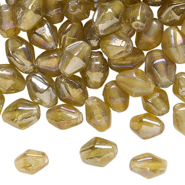Bead, glass, translucent iridescent dark yellow, 9x7mm double cone. Sold per 2-ounce pkg, approximately 130 beads. image number 0