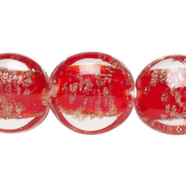 Bead, lampworked glass, red with copper-colored glitter, 20mm puffed flat round. Sold per 15-1/2" to 16" strand. image number 0