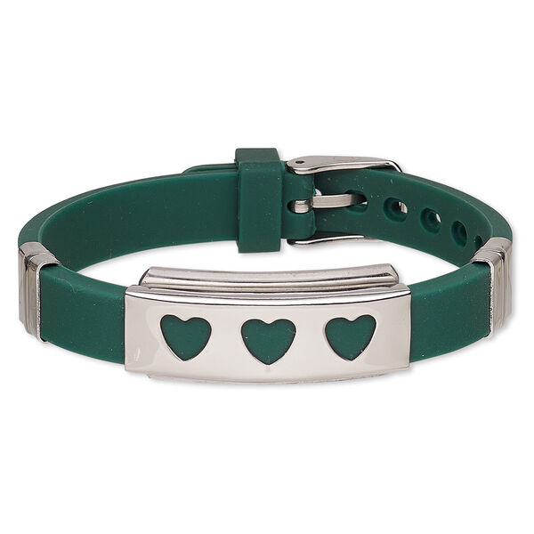Bracelet, Softique™, silicone and stainless steel, green, 16mm wide with 39x16mm rectangle and cutout hearts, adjustable from 5-1/2 to 7-1/2 inches with buckle-style closure. Sold individually. image number 0