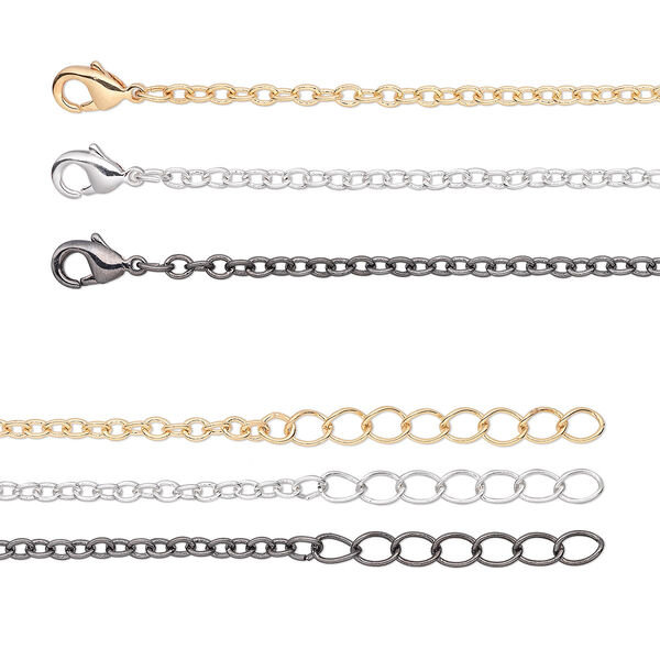 Chain, gold-finished / silver- / gunmetal-plated brass, 2.5mm cable, 7 inches with 1-1/4 inch extender chain and lobster claw clasp. Sold per pkg of 6. image number 0