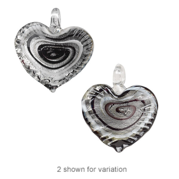 Pendant, lampworked glass, black and white with silver-colored foil, 42x40mm single-sided wavy heart with swirls. Sold individually. image number 0