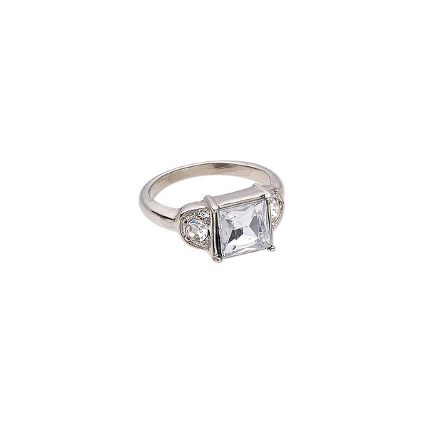 Ring, acrylic / acrylic rhinestone / imitation rhodium-finished "pewter" (zinc-based alloy), clear, 10mm wide with 10x10mm square, size 8. Sold individually. image number 0