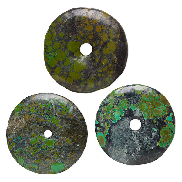 Focal, turquoise (dyed / stabilized), blue-green / green / green-brown, 50-65mm donut with heavy matrix, D grade, Mohs hardness 5 to 6. Sold per pkg of 3. image number 0