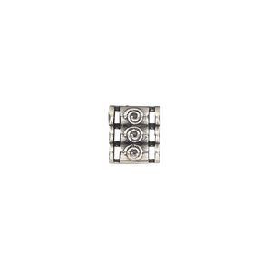 Spacer, antique silver-plated brass, 9.5x8.5mm double-sided 3-strand triple round tube with raised swirl design, fits up to 2mm bead. Sold individually.