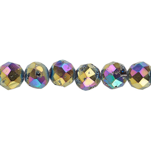 Bead, electroplated druzy agate (coated), peacock, 8mm faceted round, B grade, Mohs hardness 6-1/2 to 7. Sold per 8-inch strand, approximately 25 beads. image number 0