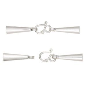 Clasp, Hill Tribes, hook-and-eye, sterling silver, 59x6mm with 2 glue-in cones, 5mm inside diameter. Sold individually.