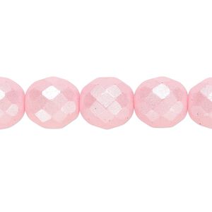 Bead, Czech fire-polished dipped décor glass, pkg/15-1/2 to 16 inches, 12mm faceted round, opaque pearlescent light pink, (00030-02373).