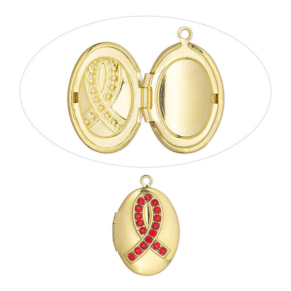 Drop, glass rhinestone and gold-finished brass, red, 21x16mm oval locket with awareness ribbon and 14x10mm oval setting. Sold individually. image number 0