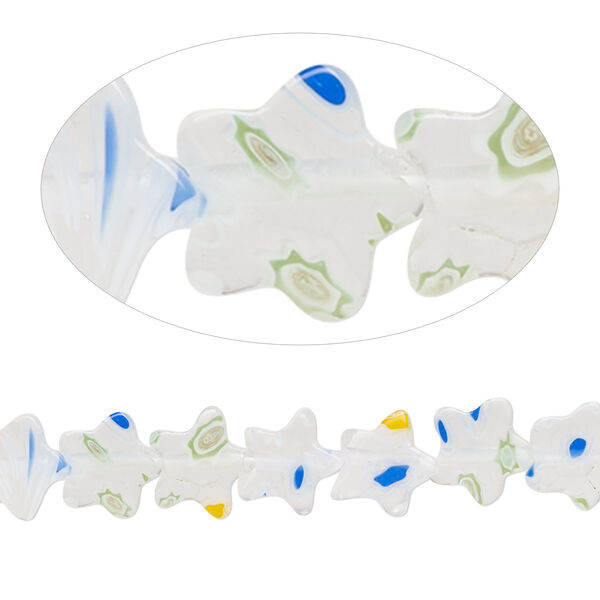 Bead, millefiori glass, translucent multicolored, 8mm flat star with 0.6-0.8mm hole. Sold per 15-inch strand. image number 0