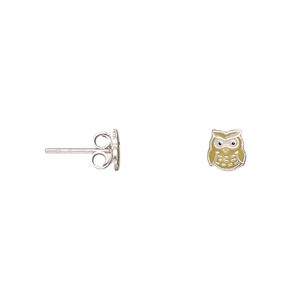 Earstud, enamel and sterling silver, multicolored, 6x5mm owl with post. Sold per pair.