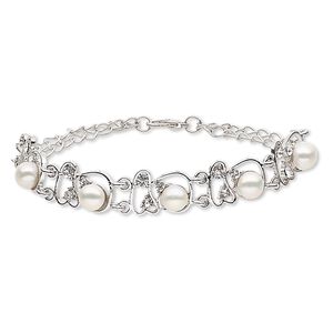 Bracelet, cultured freshwater pearl (bleached) / glass rhinestone / imitation rhodium-plated steel / "pewter" (zinc-based alloy), white and clear, 13mm flower, 7-1/2 inches with lobster claw clasp. Sold individually.
