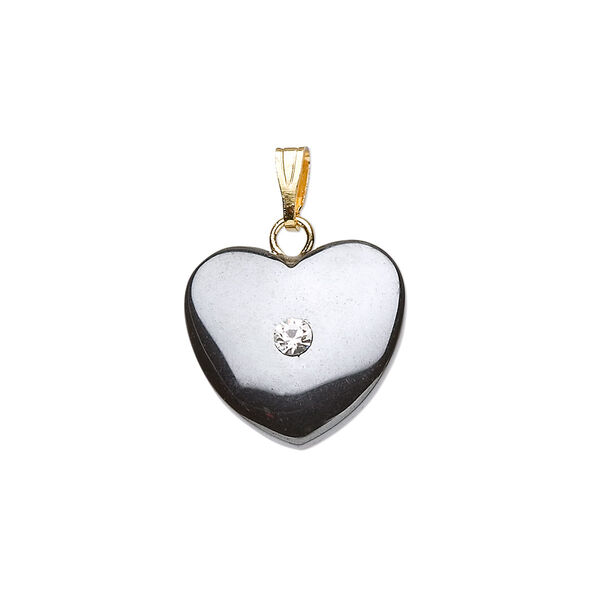 Pendant, Hemalyke™ (man-made) with rhinestone and gold- and/or silver-finished brass bail, 15x15mm heart. Sold per pkg of 4. image number 0