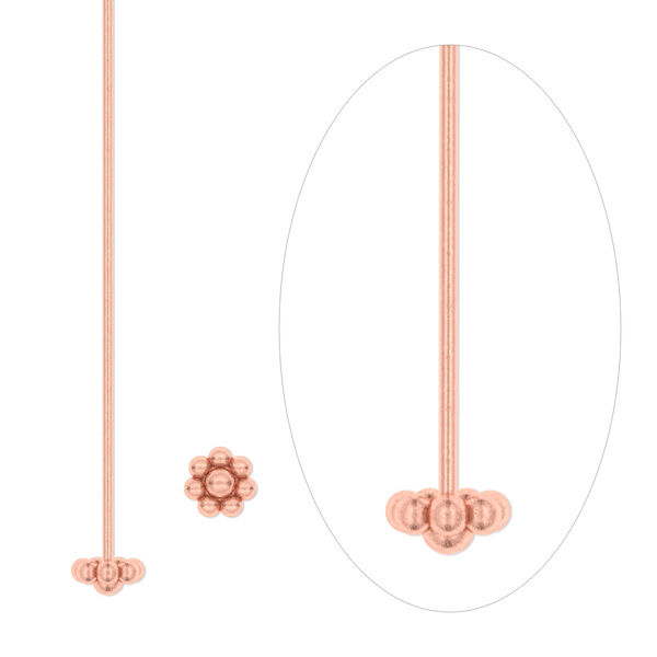 Head pin, copper, 2-1/2 inches with 4mm beaded flower, 20 gauge. Sold per pkg of 24. image number 0