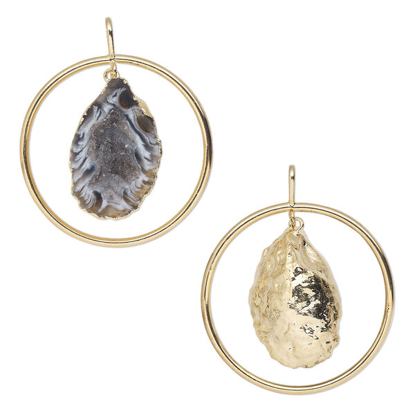 Pendant, Everyday Jewelry, gold-plated brass and agate geode (natural), 52x43mm-54x45mm open round. Sold individually. image number 0