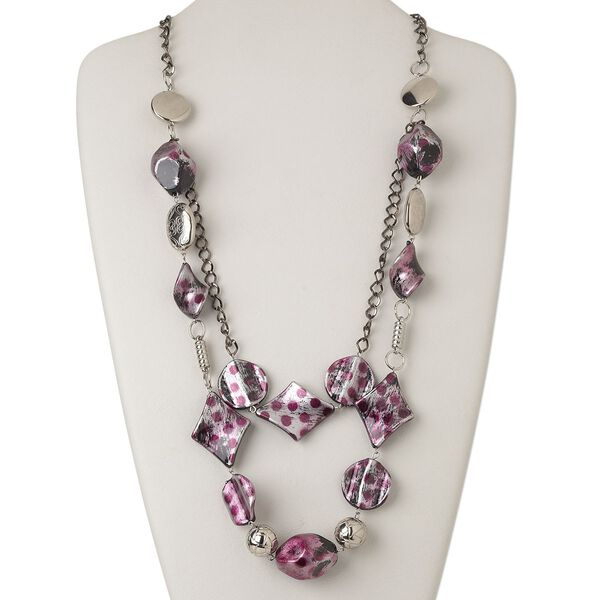 Necklace, acrylic / silver-coated plastic / silver- and gunmetal-finished steel, purple and black, 30-inch continuous loop. Sold individually. image number 0