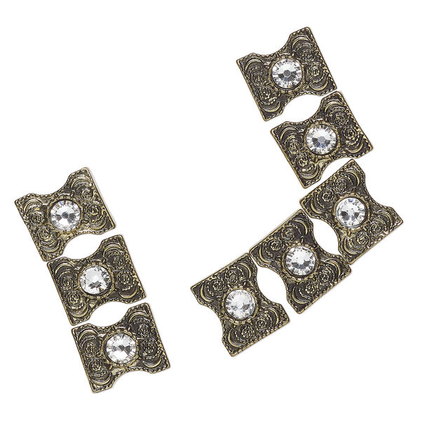 Bead, spacer, "pewter" (zinc-based alloy), pkg/8, 13x11mm 3-strand rectangle, antique gold finish and clear,  fits up to 6mm beads. image number 0