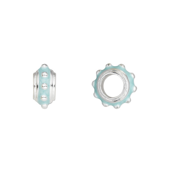 Bead, Dione®, silver-plated "pewter" (zinc-based alloy) and enamel, light blue, 12x6mm beaded rondelle with 5mm hole. Sold individually. image number 0