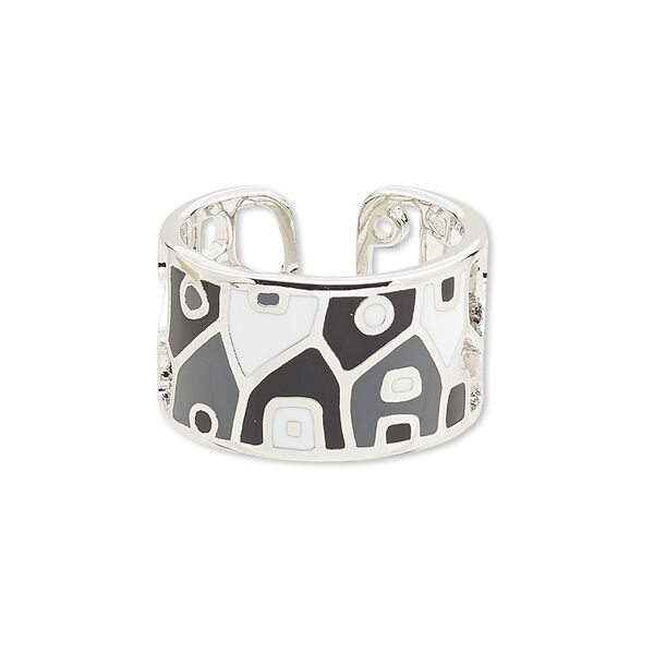Ring, Avant-Garde Jewelry Collection, enamel and imitation rhodium-plated brass, grey / black / white, 13mm wide with cutout and abstract design, adjustable. Sold individually. image number 0