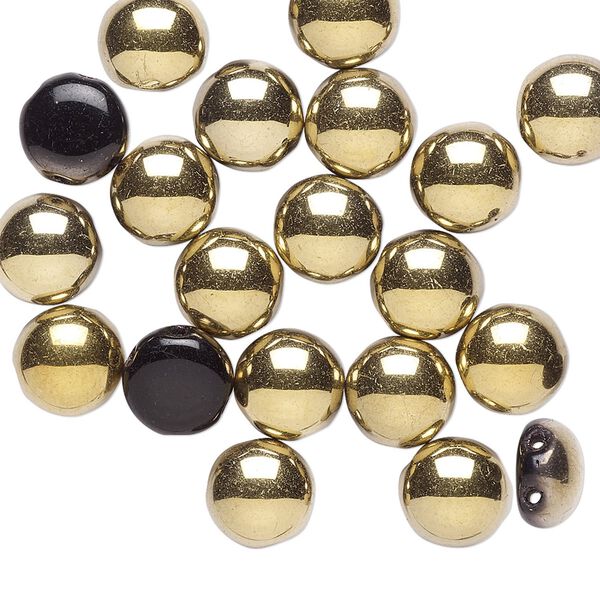 Bead, Preciosa Candy™, Czech pressed glass, opaque black with half-coat bronze gold, 8mm candy with (2) 0.8-0.9mm holes. Sold per pkg of 20. image number 0