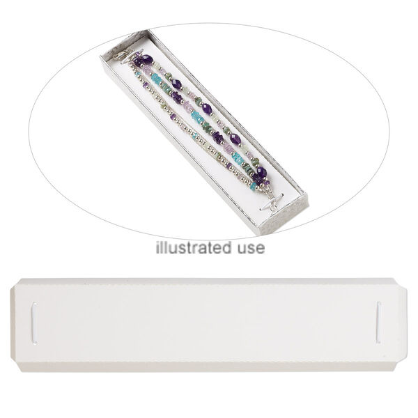 Box insert, paper / elastic nylon / silver-finished iron alloy, white and silver, 7-3/4 x 1-7/8 x 2/5 inch rectangle bracelet card. Sold per pkg of 10. image number 0