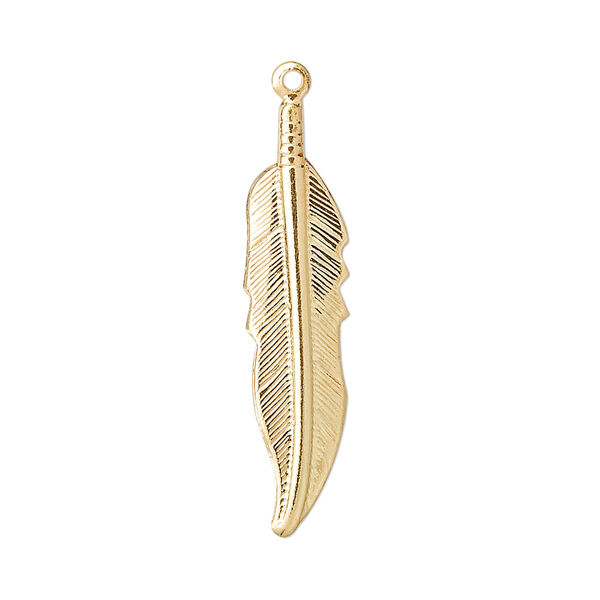 Focal, gold-plated brass, 32x7mm single-sided feather. Sold per pkg of 10. image number 0