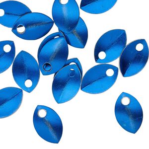 Component, anodized aluminum, blue, 11x7mm 2-sided curved scale blank with 1.5mm hole, 20 gauge. Sold per pkg of 20.