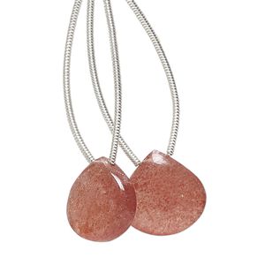 Strawberry quartz 1pkg2, hand-cut top-drilled puffed teardrop bead natural 14x14mm