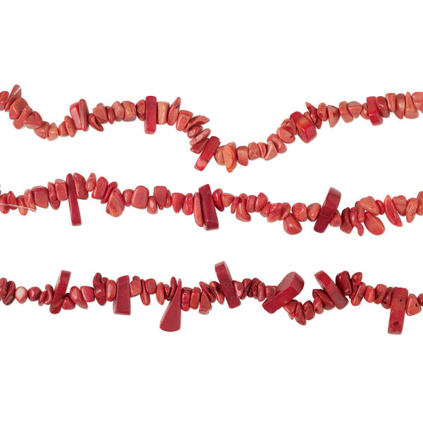 Bead mix, bamboo coral (dyed), light to dark red, top- and center-drilled small to extra-large chip and 11x4mm-19x5mm teardrop, Mohs hardness 3-1/2 to 4. Sold per (3) 8-inch strands. image number 0
