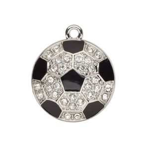 Charm, enamel / glass / silver-finished "pewter" (zinc-based alloy), black and clear, 25mm single-sided domed soccer ball. Sold individually.