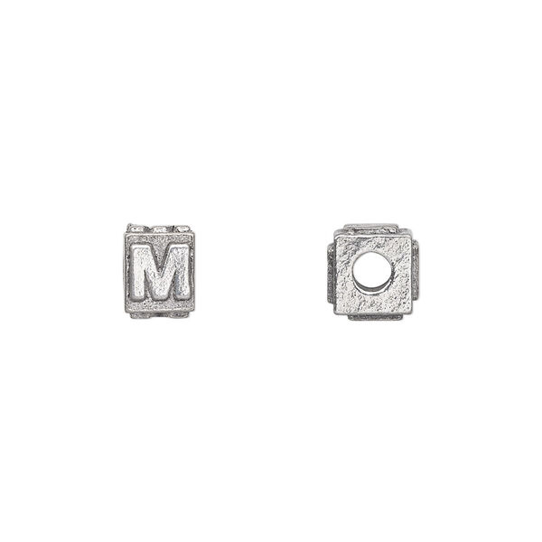Bead, antiqued pewter (tin-based alloy), 8x6mm rectangle with alphabet letter "M". Sold per pkg of 4. image number 0