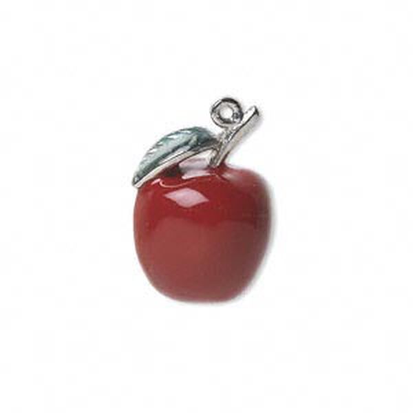 Charm, silver-plated "pewter" (zinc-based alloy) and enamel, red and green, 21.5x16mm 3D apple with leaves. Sold individually. image number 0