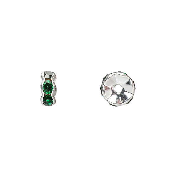 Bead, glass rhinestone and silver-plated brass, emerald green, 7x3mm rondelle. Sold per pkg of 10. image number 0