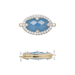 Link. chalcedony (dyed), cubic zirconia and gold-finished sterling silver, 18x12mm double-sided faceted oval. Sold individually.