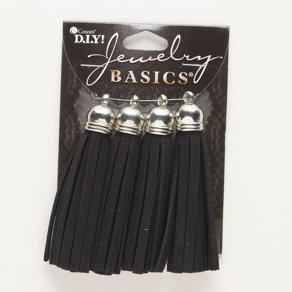 Focal, silver-finished brass and faux suede, black, 3x1mm tassel. Sold per pkg of 4. image number 0