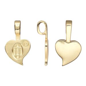 Bail, Aanraku®, glue-on, gold-plated "pewter" (zinc-based alloy), 27x13.5mm with 13.5x13mm heart flat base. Sold per pkg of 25.