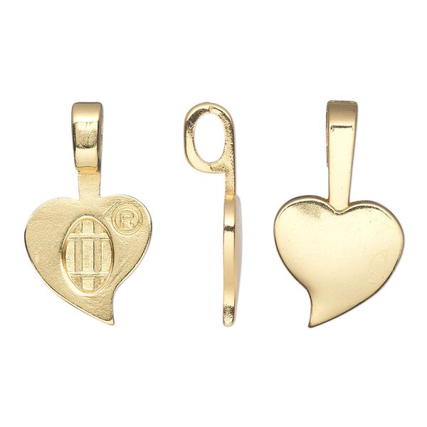 Bail, Aanraku®, glue-on, gold-plated "pewter" (zinc-based alloy), 27x13.5mm with 13.5x13mm heart flat base. Sold per pkg of 25. image number 0