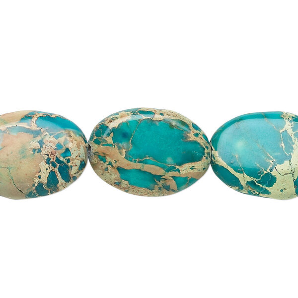 Bead, magnesite (dyed / stabilized), turquoise blue, 18x13mm flat oval, B grade, Mohs hardness 3-1/2 to 4. Sold per 15-1/2" to 16" strand. image number 0