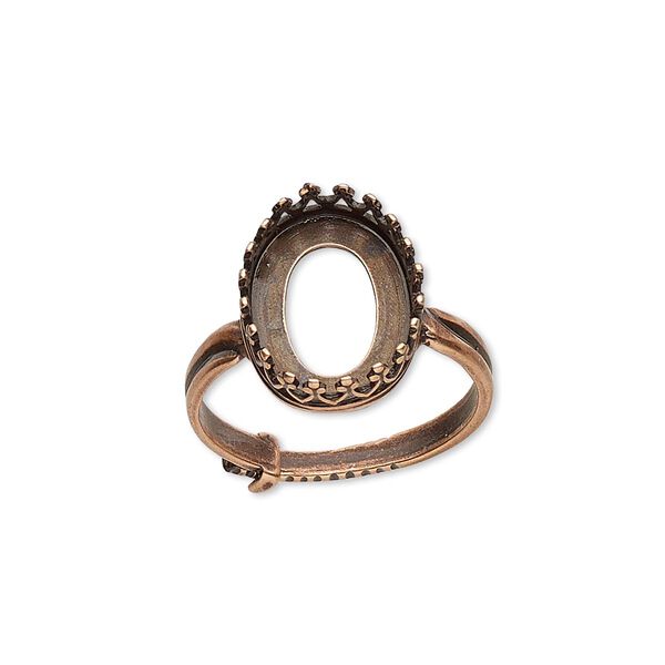 Ring, JBB Findings, antique copper-plated brass, 15.5x12mm oval with 14x10mm oval bezel setting, adjustable from size 6-8. Sold individually. image number 0
