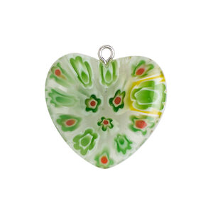 Component 1pkg1, silver-finished steel / millefiori glass, translucent / transparent red / white / green, 24-25mm puffed heart.