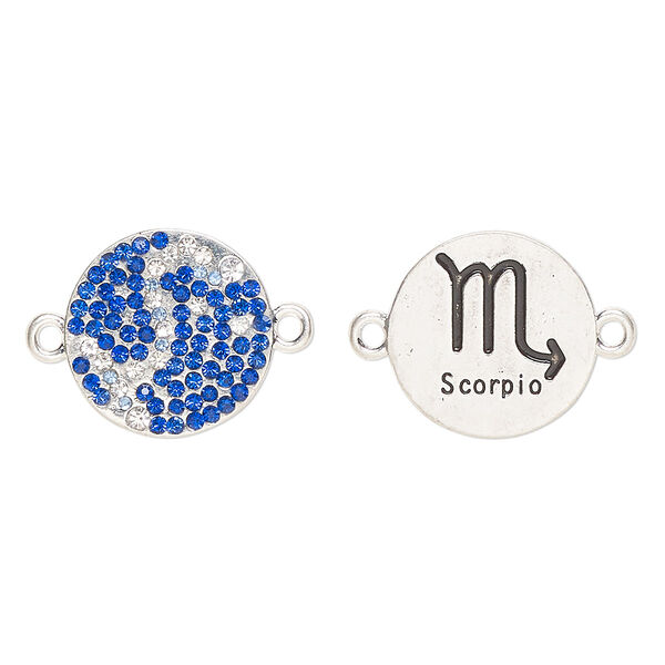 Link, "pewter" (zinc-based alloy)/enamel/cubic zirconia, pkg/1, antique silver finish and mixed colors, 20mm round 2-sided with "Scorpio" and  zodiac symbol. image number 0