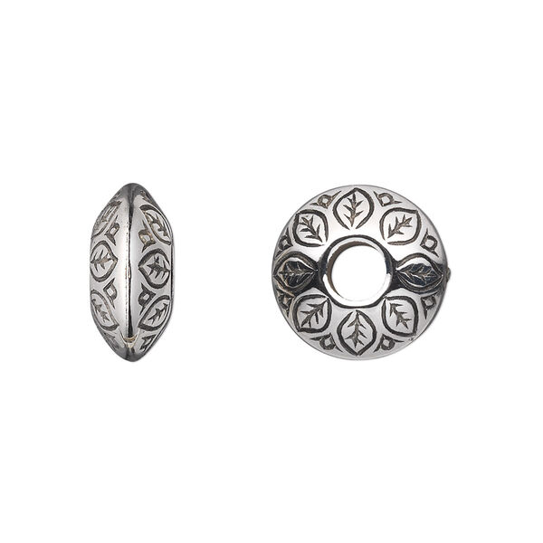 Bead, antiqued silver-finished copper-coated plastic, 14x7mm rondelle with leaf design. Sold per 50-gram pkg, approximately 65 beads. image number 0