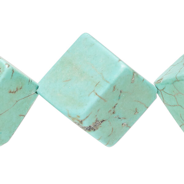 Bead, magnesite (dyed / stabilized), light blue, 16x16mm-19x18mm diagonally drilled cube, C grade, Mohs hardness 3-1/2 to 4. Sold per 15-inch strand. image number 0