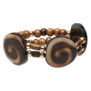 Bracelet, stretch, resin and gold-coated plastic, brown / dark brown / cream, 31mm flat round with swirl design, 7 inches. Sold individually.
