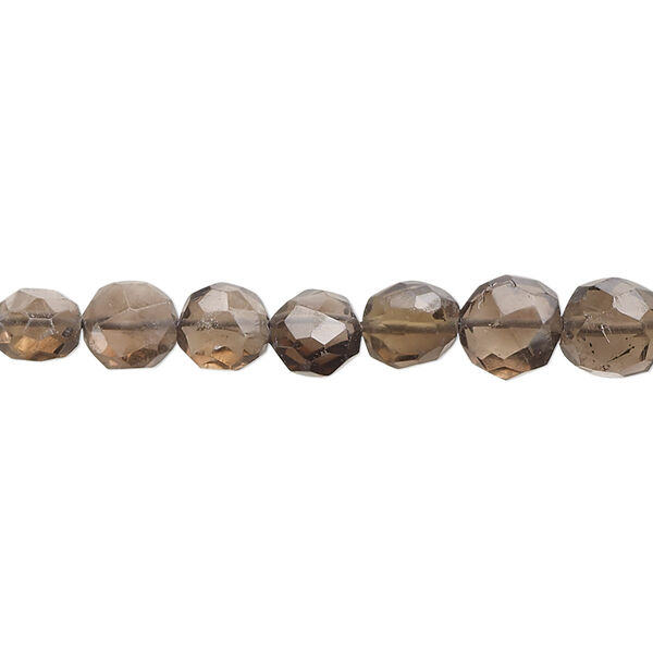 Bead, smoky quartz (heated / irradiated), medium to dark, 6-9mm hand-cut faceted puffed flat round, B grade, Mohs hardness 7. Sold per 14-inch strand, approximately 55 beads. image number 0